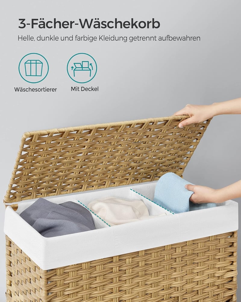 SONGMICS 140L 3 rekeszes szennyesgyűjtő kosár fedéllel, kerekekkel és kivehető zsákkal - 140 L (66 x 33 x 66 cm), 2-Natural