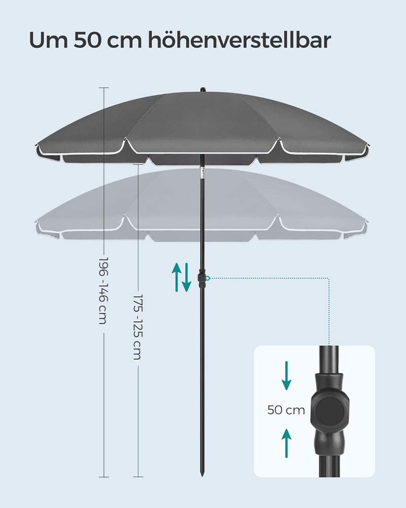 SONGMICS 160 cm-es napernyő UPF 50+ védelemmel, hajlítható, magasságállítható, szürke