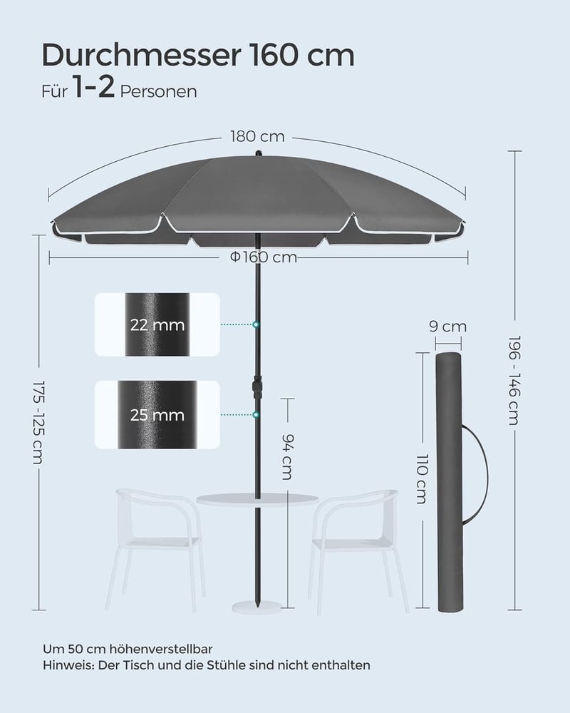 SONGMICS 160 cm-es napernyő UPF 50+ védelemmel, hajlítható, magasságállítható, szürke