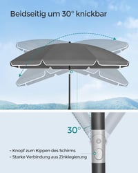 SONGMICS 160 cm-es napernyő UPF 50+ védelemmel, hajlítható, magasságállítható, szürke 3