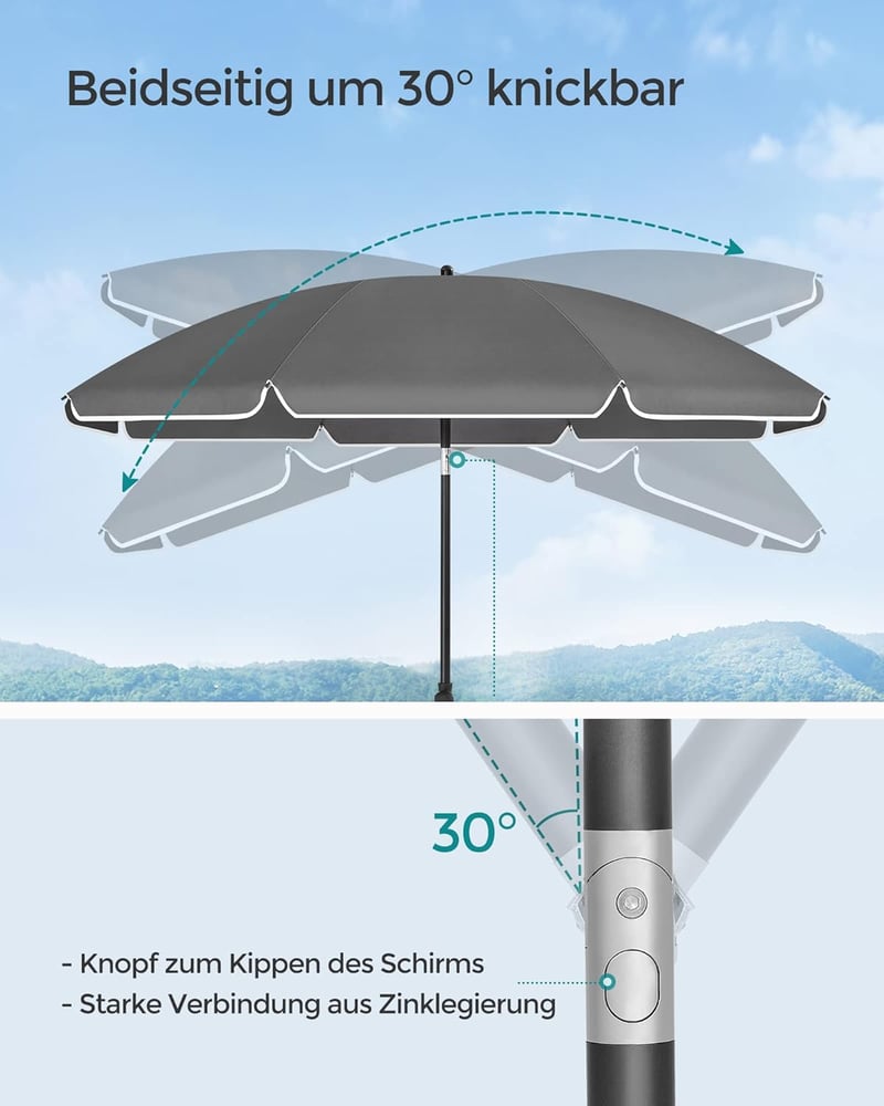 SONGMICS 160 cm-es napernyő UPF 50+ védelemmel, hajlítható, magasságállítható, szürke
