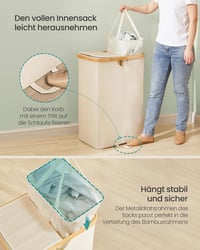 SONGMICS 2 rekeszes szennyesgyűjtő 150L fedéllel, természetes bézs - Cream White + Natural Beige 6