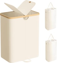 SONGMICS 2 rekeszes szennyesgyűjtő 150L fedéllel, természetes bézs - Cream White + Natural Beige 1