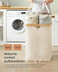 SONGMICS 2 rekeszes szennyesgyűjtő 150L fedéllel, természetes bézs - Cream White + Natural Beige 4