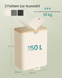 SONGMICS 2 rekeszes szennyesgyűjtő 150L fedéllel, természetes bézs - Cream White + Natural Beige 5