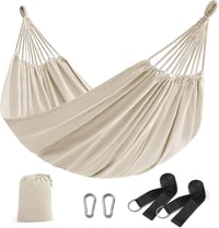 SONGMICS 2 személyes függőágy 210x150 cm, 300 kg terhelhetőség, kültéri hálózat táskával - Beige 1