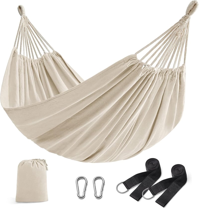 SONGMICS 2 személyes függőágy 210x150 cm, 300 kg terhelhetőség, kültéri hálózat táskával - Beige