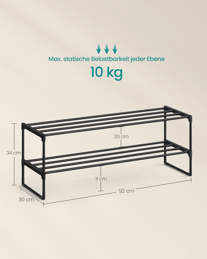 SONGMICS 2 szintes fém cipőtartó 10 pár cipőhöz, 92x30x33 cm