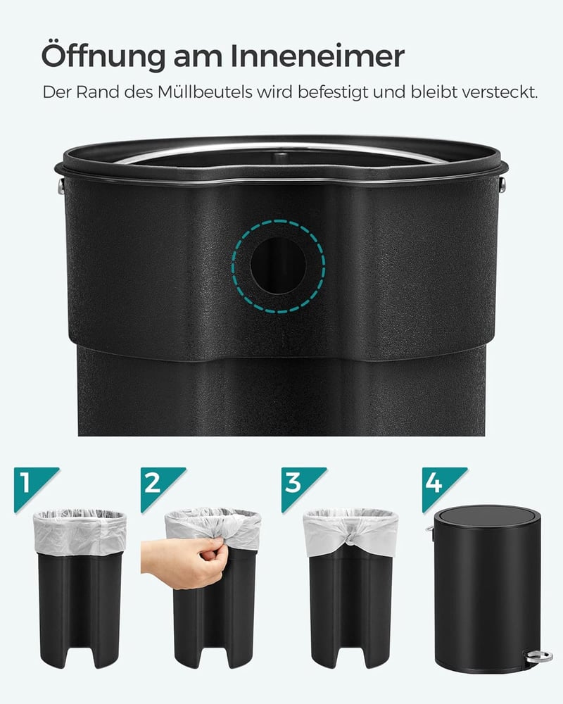 SONGMICS 3 literes fürdőszobai szemetes fedéllel, puha záródás, rozsdamentes acél, fekete - 3 L, Ink Black