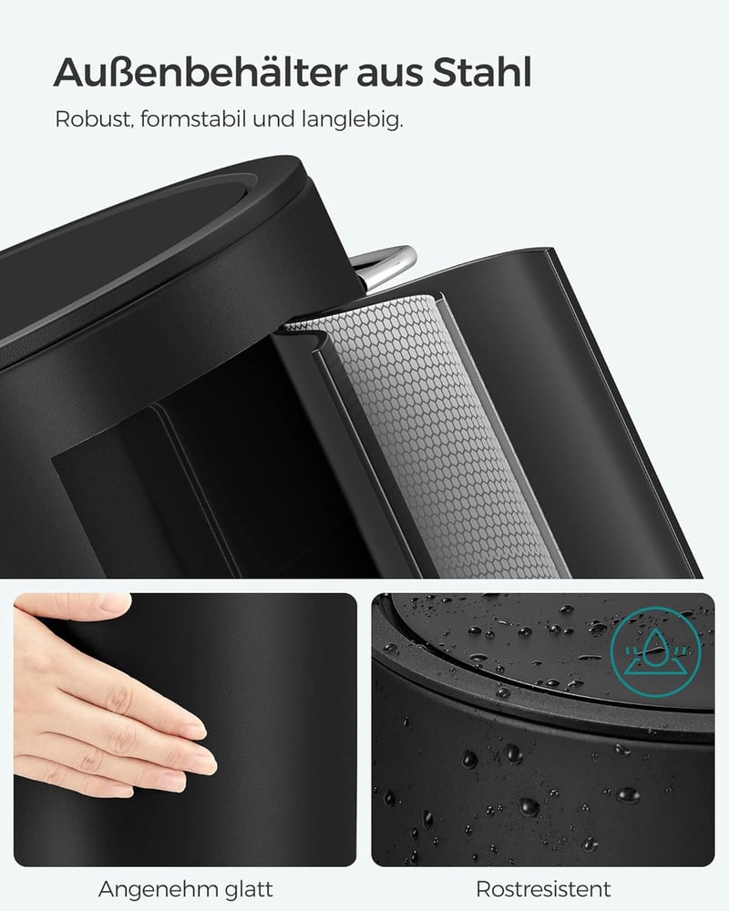 SONGMICS 3 literes fürdőszobai szemetes fedéllel, puha záródás, rozsdamentes acél, fekete - 3 L, Ink Black