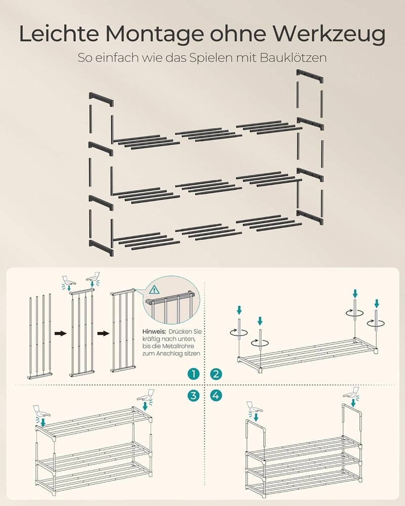 SONGMICS 3 szintes cipőtartó 16-20 pár cipőhöz, fém, fekete, 92 cm magas