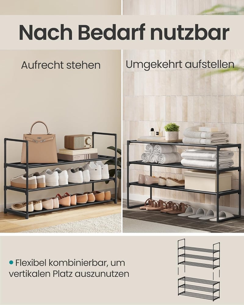 SONGMICS 3 szintes cipőtartó 16-20 pár cipőhöz, fém, fekete, 92 cm magas