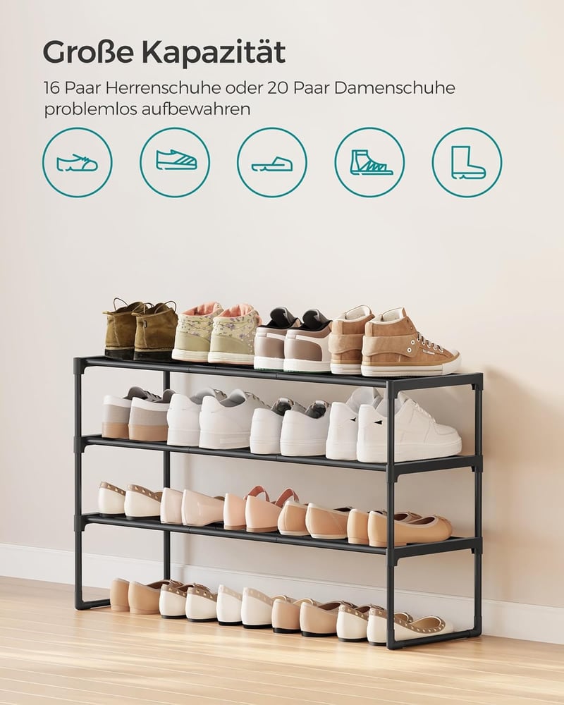 SONGMICS 3 szintes cipőtartó 16-20 pár cipőhöz, fém, fekete, 92 cm magas