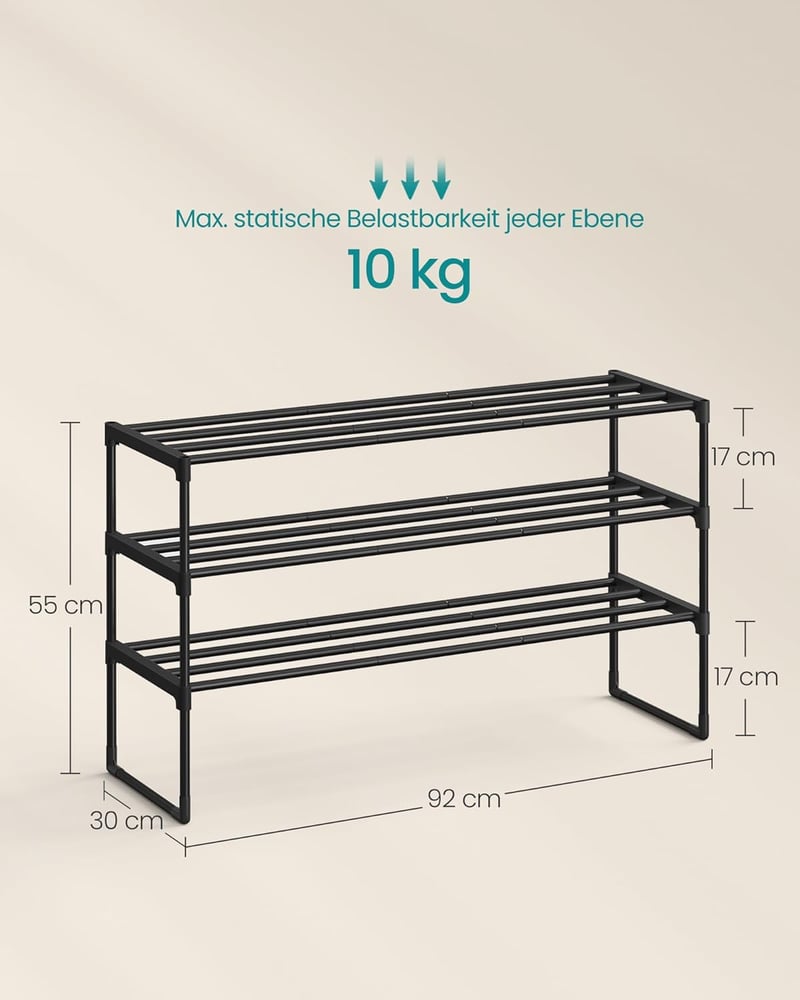SONGMICS 3 szintes cipőtartó 16-20 pár cipőhöz, fém, fekete, 92 cm magas