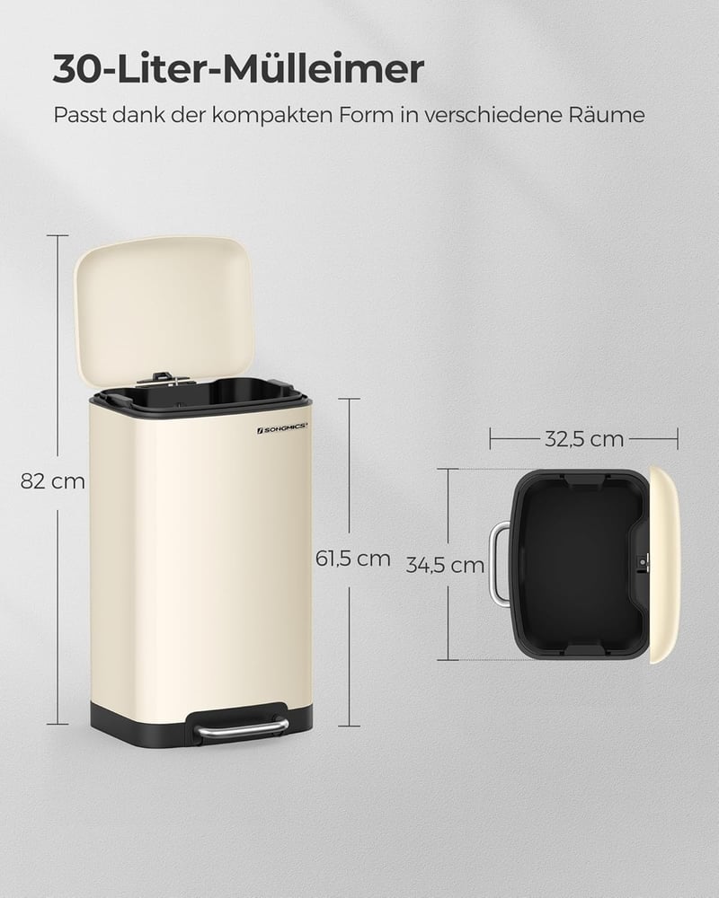SONGMICS 30L Rozsdamentes Pedálos Szemetes Soft Close Fehér - Cloudy white