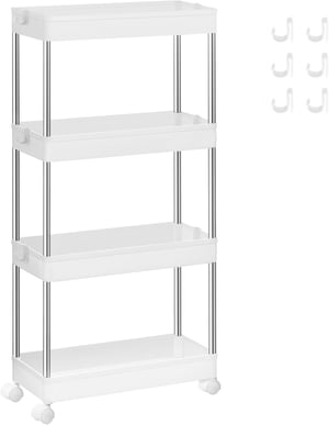 Raft de bucătărie mobil SONGMICS cu 4 niveluri, alb, cărucior pentru depozitare în baie, cu roți, 40 x 12,5 x 86 cm
