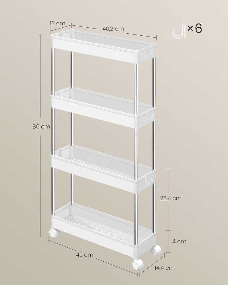 SONGMICS 4 szintes konyhai gurulós polc fehér színben, fürdőszobai tálaló kiegészítő, kerekekkel, 40 x 12.5 x 86 cm