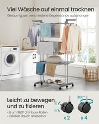 SONGMICS 4 szintes összecsukható ruhaszárító állvány görgőkkel, 63,5 x 125,5 x 173 cm, galambszürke, LLR703G01 3