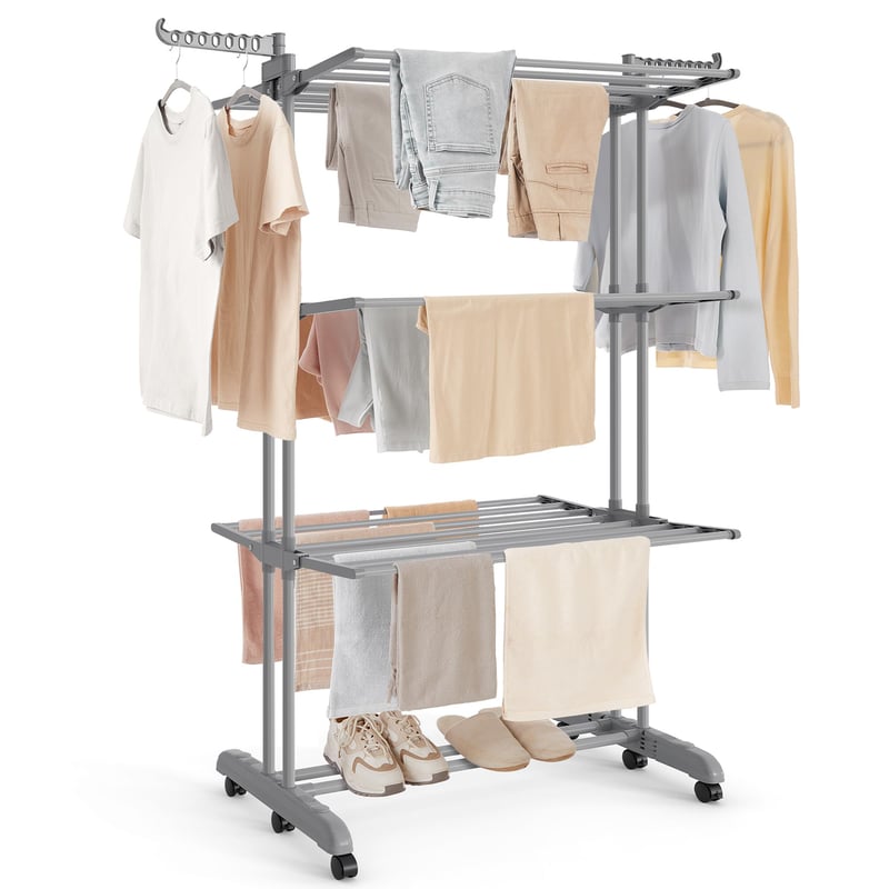 SONGMICS 4 szintes összecsukható ruhaszárító állvány görgőkkel, 63,5 x 125,5 x 173 cm, galambszürke, LLR703G01