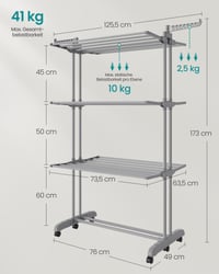 SONGMICS 4 szintes összecsukható ruhaszárító állvány görgőkkel, 63,5 x 125,5 x 173 cm, galambszürke, LLR703G01 7