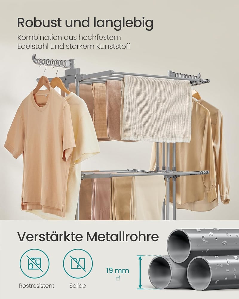 SONGMICS 4 szintes ruhaszárító összecsukható szárnyakkal és kerekekkel 63,5x177,5cm