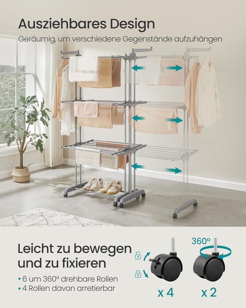 SONGMICS 4 szintes ruhaszárító összecsukható szárnyakkal és kerekekkel 63,5x177,5cm
