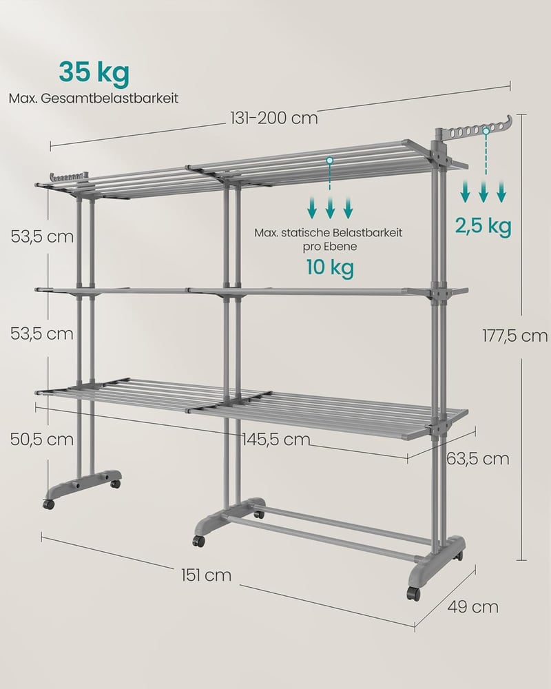 SONGMICS 4 szintes ruhaszárító összecsukható szárnyakkal és kerekekkel 63,5x177,5cm
