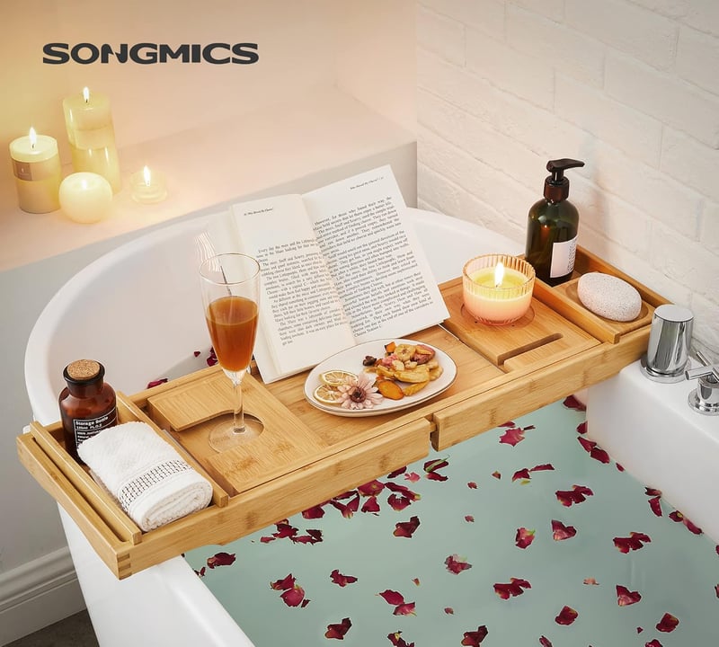 SONGMICS bambusz fürdőpolc kádra, állítható fürdőszobai polc pohártartóval és szappantartóval
