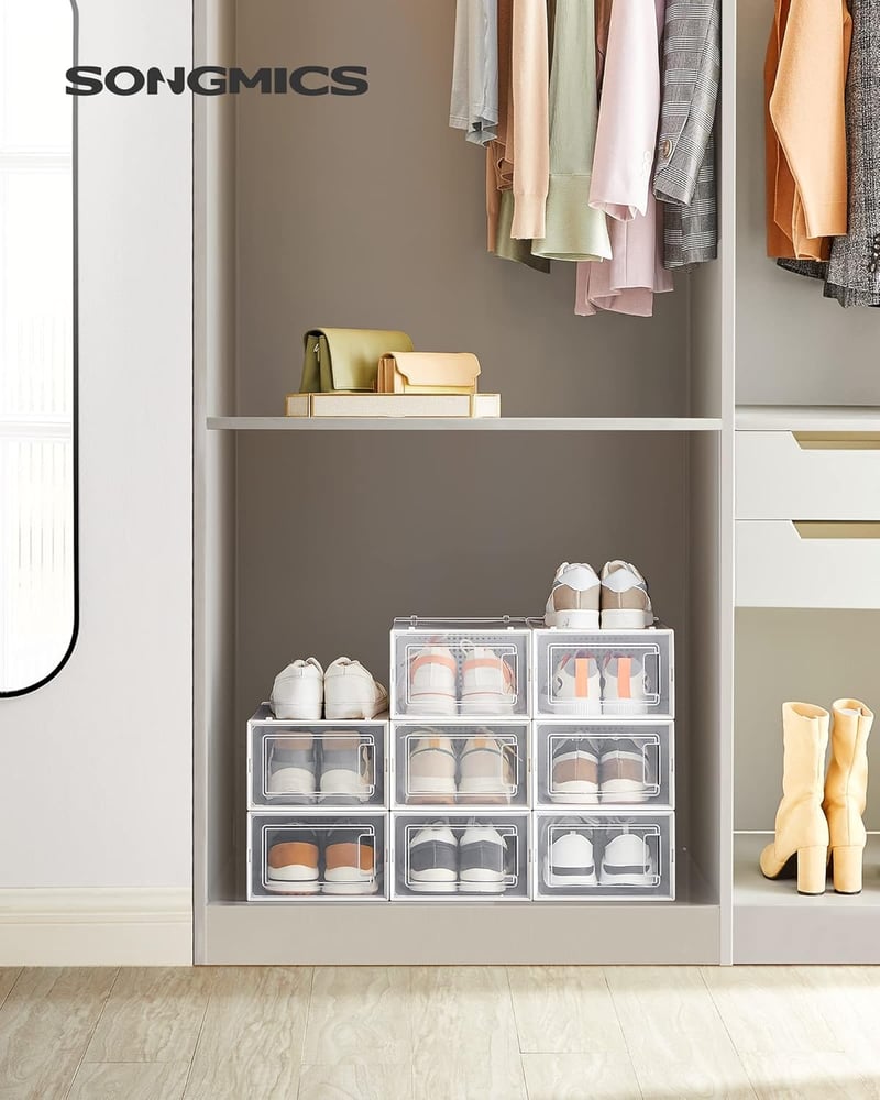 SONGMICS Cipőtartó Dobozok Összecsukható Cipőszervező Műanyag Tároló - 8er Set für Schuhe bis Größe 44, 8, Transparent and White