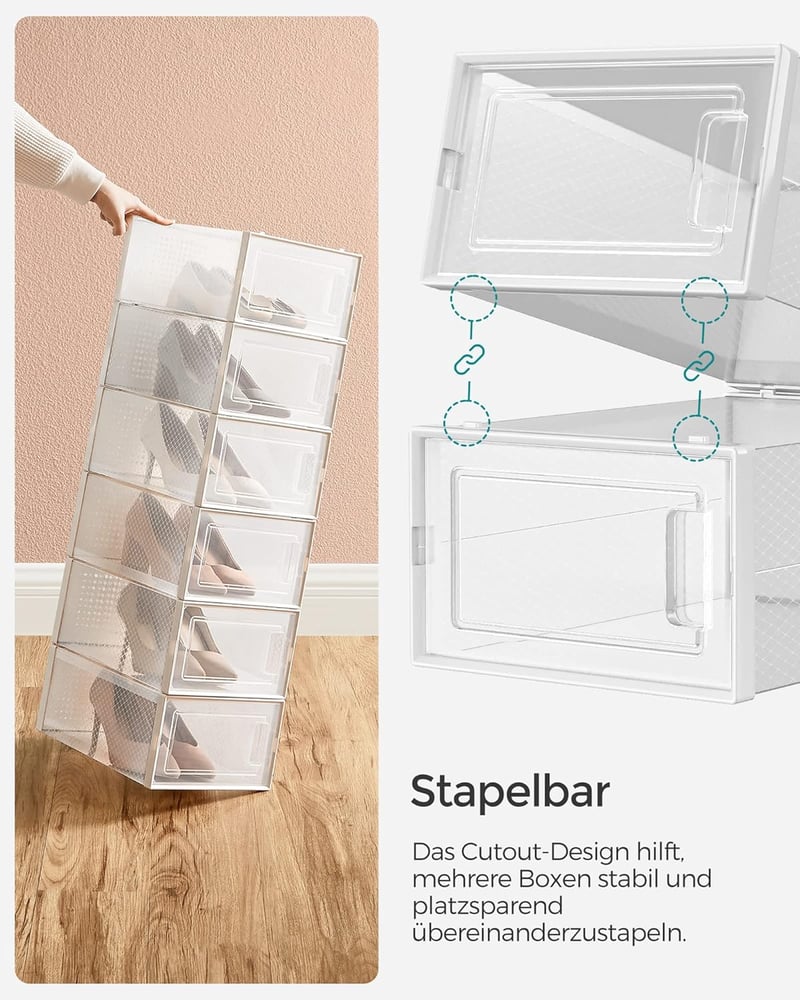SONGMICS Cipőtartó Dobozok Összecsukható Cipőszervező Műanyag Tároló - 8er Set für Schuhe bis Größe 44, 8, Transparent and White