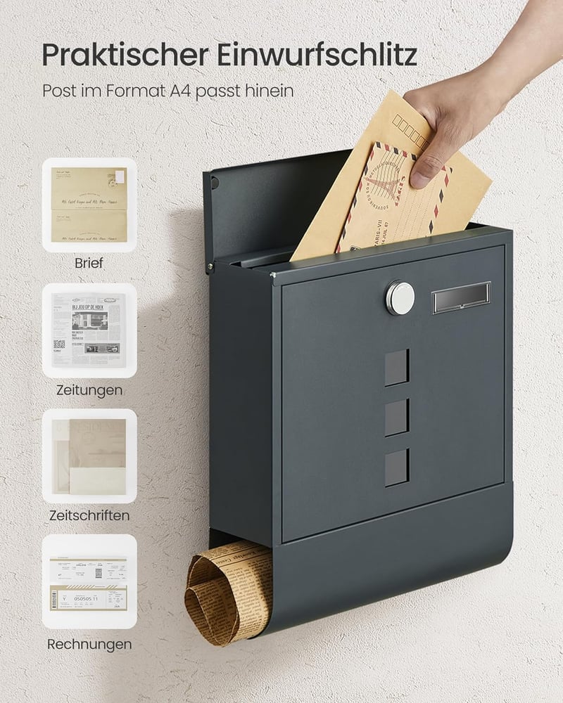 SONGMICS Fali Postaláda Zárható Réz Hengeres Zárral és Forgatható Fedéllel