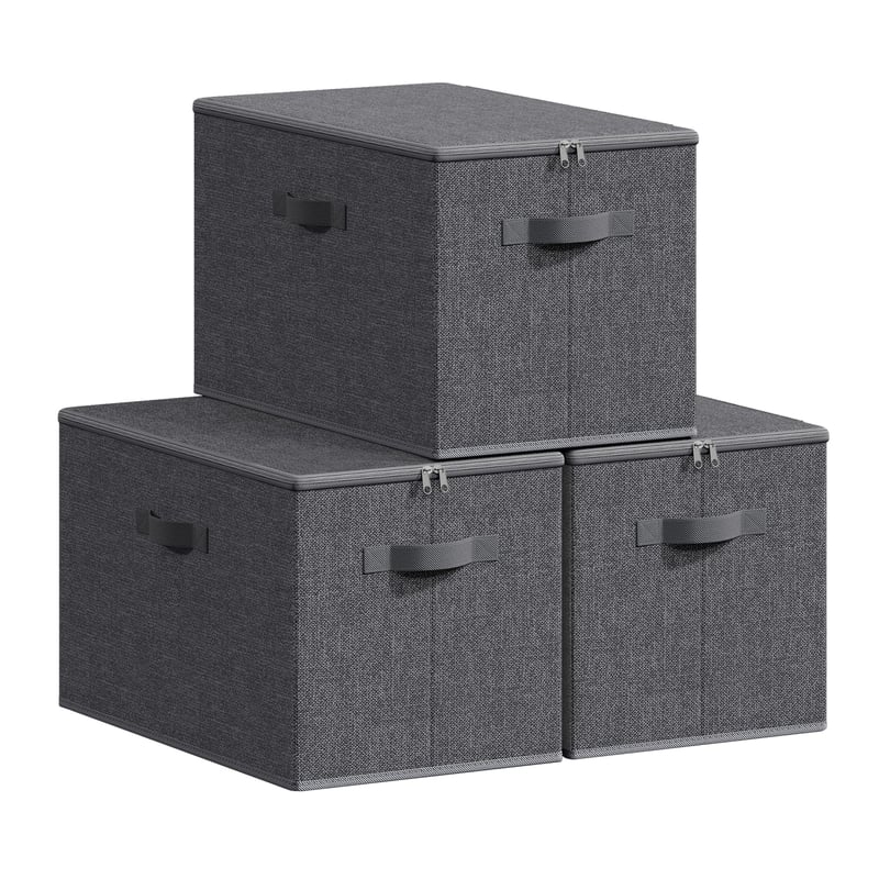 Set de 3 cutii de depozitare cu capac SONGMICS, organizatoare textile pliabile cu mânere, pentru haine, 50x30x30 cm, gri ardezie
