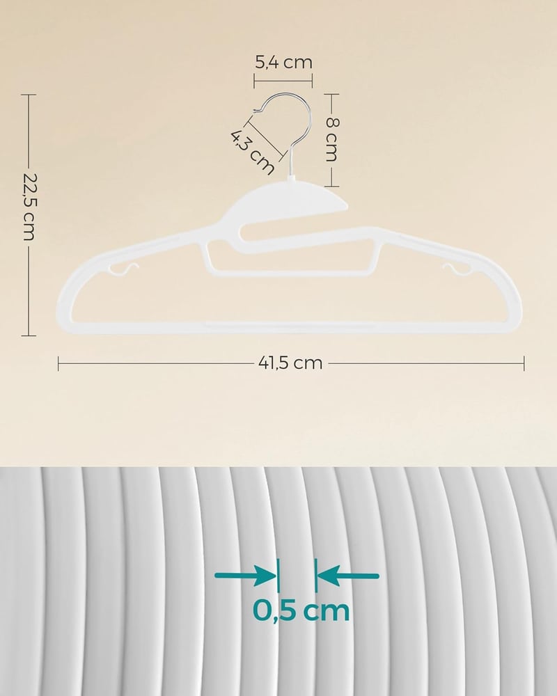 SONGMICS fehér ruhaakasztó szett 20 db, 41,5 cm széles, forgatható horog, helytakarékos