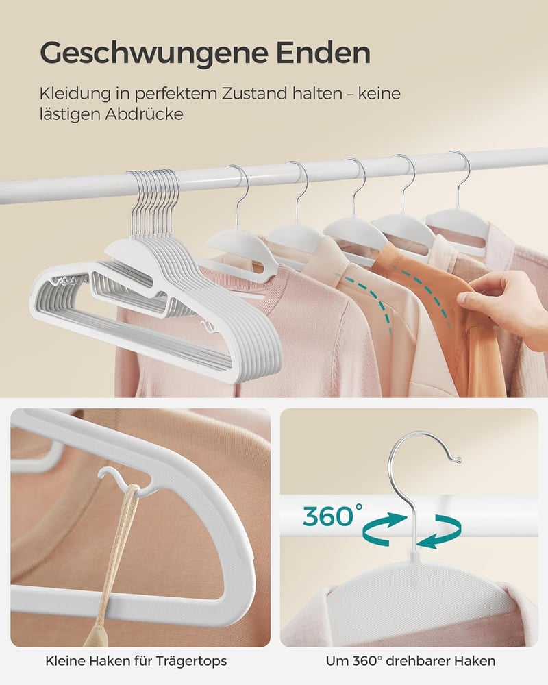SONGMICS fehér ruhaakasztó szett 20 db, 41,5 cm széles, forgatható horog, helytakarékos