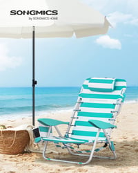 SONGMICS GCB62JW Sklopiva stolica za plažu, stolica za kampiranje s podesivim naslonom, jastukom za glavu, naslonima za ruke, 2 bočne torbe i naramenicom, zeleno-bijela 3