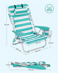 SONGMICS GCB62JW Sklopiva stolica za plažu, stolica za kampiranje s podesivim naslonom, jastukom za glavu, naslonima za ruke, 2 bočne torbe i naramenicom, zeleno-bijela 7