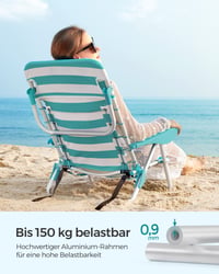 SONGMICS GCB62JW Sklopiva stolica za plažu, stolica za kampiranje s podesivim naslonom, jastukom za glavu, naslonima za ruke, 2 bočne torbe i naramenicom, zeleno-bijela 6