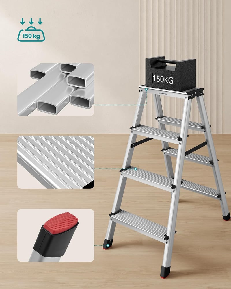 SONGMICS GLT014E01 alumínium létra 4 fokos 150 kg terhelhetőség ezüst-fekete