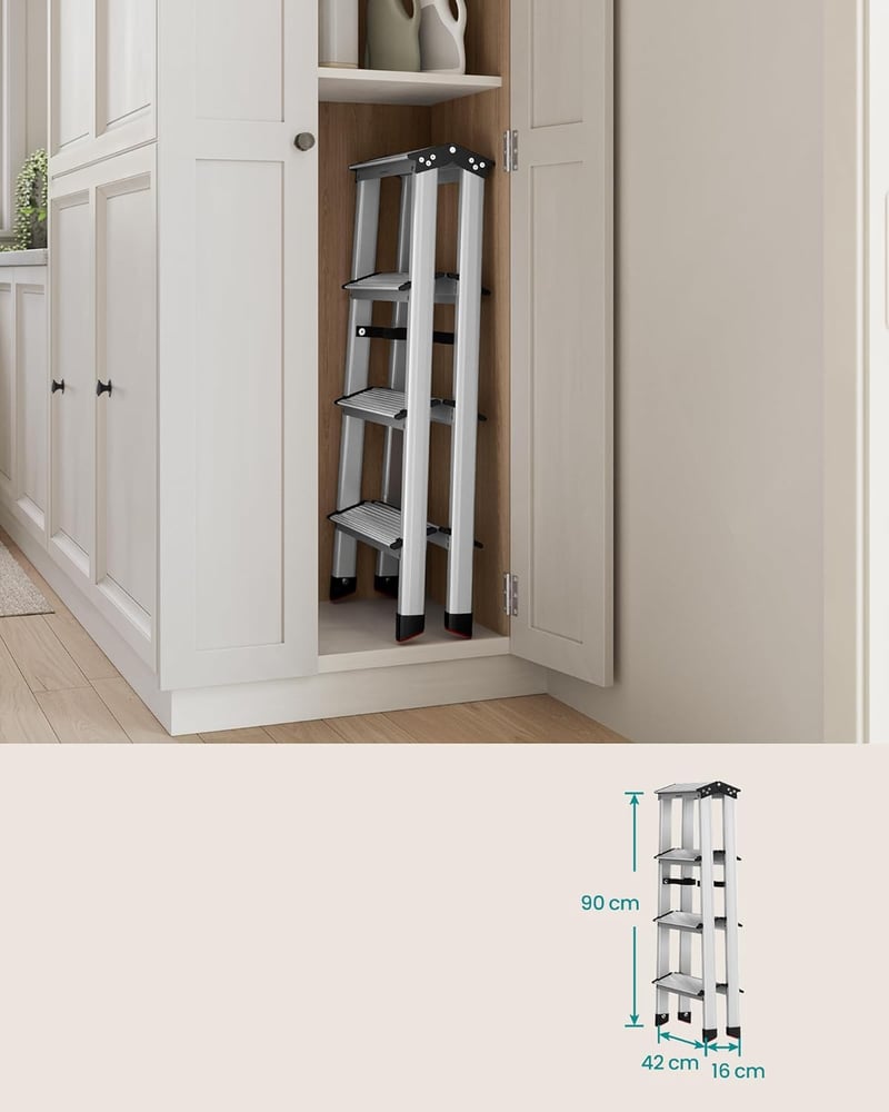 SONGMICS GLT014E01 alumínium létra 4 fokos 150 kg terhelhetőség ezüst-fekete