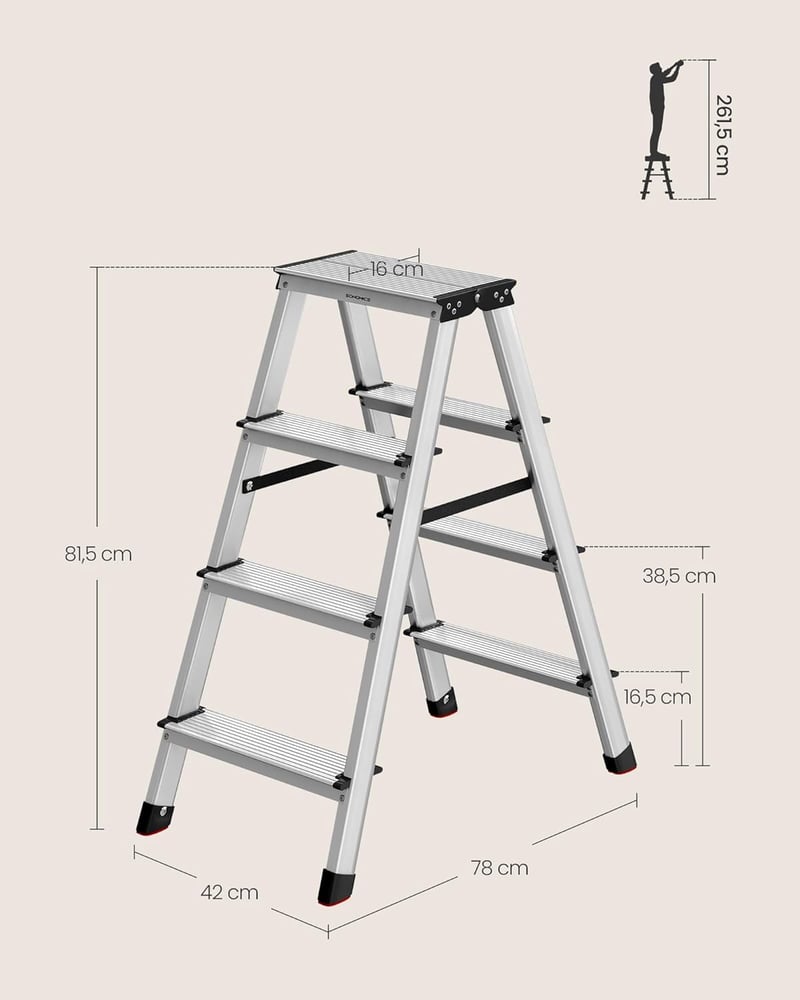 SONGMICS GLT014E01 alumínium létra 4 fokos 150 kg terhelhetőség ezüst-fekete
