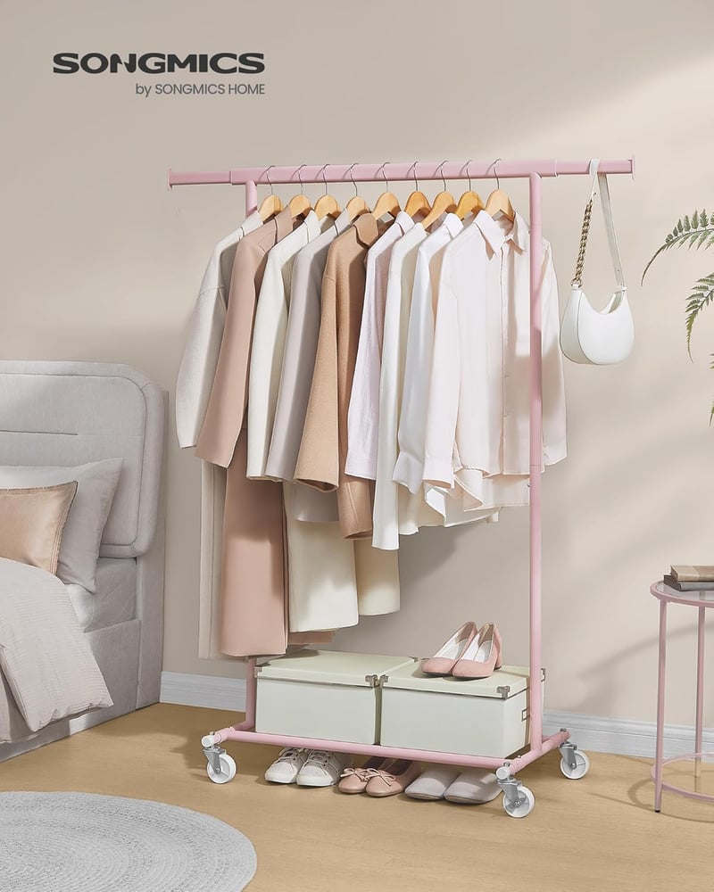 SONGMICS Gurulós Ruhaállvány 100kg Terhelhetőség Rozsdamentes Acél Pasztell Rózsaszín - (92-132)B cm, Pastel Pink