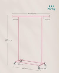 SONGMICS Gurulós Ruhaállvány 100kg Terhelhetőség Rozsdamentes Acél Pasztell Rózsaszín - (92-132)B cm, Pastel Pink 5