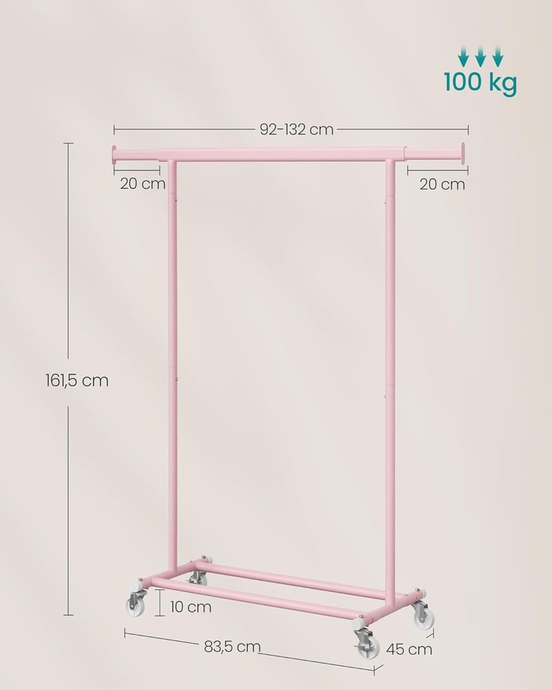 SONGMICS Gurulós Ruhaállvány 100kg Terhelhetőség Rozsdamentes Acél Pasztell Rózsaszín - (92-132)B cm, Pastel Pink