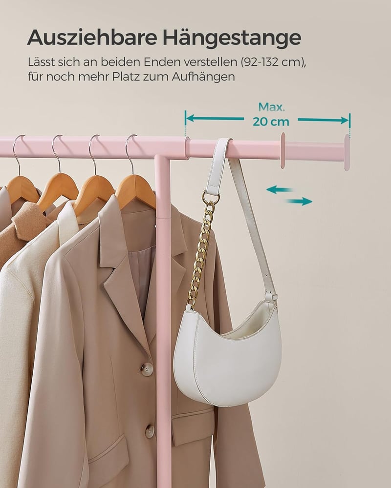 SONGMICS Gurulós Ruhaállvány 100kg Terhelhetőség Rozsdamentes Acél Pasztell Rózsaszín - (92-132)B cm, Pastel Pink