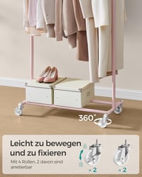 SONGMICS Gurulós Ruhaállvány 100kg Terhelhetőség Rozsdamentes Acél Pasztell Rózsaszín - (92-132)B cm, Pastel Pink 6