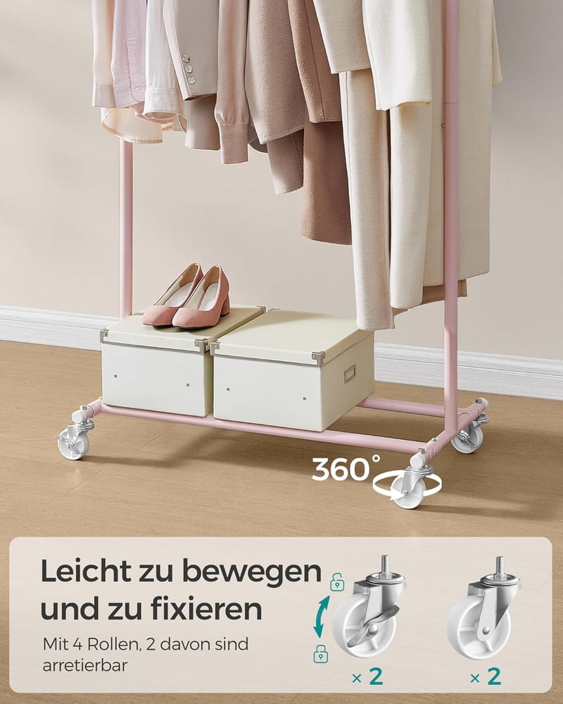 SONGMICS Gurulós Ruhaállvány 100kg Terhelhetőség Rozsdamentes Acél Pasztell Rózsaszín - (92-132)B cm, Pastel Pink
