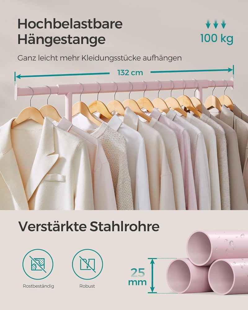 SONGMICS Gurulós Ruhaállvány 100kg Terhelhetőség Rozsdamentes Acél Pasztell Rózsaszín - (92-132)B cm, Pastel Pink