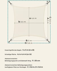 SONGMICS HDPE napvitorla kerthez UV védelem, időjárásálló, lélegző 5 x 5 m bézs fehér 3