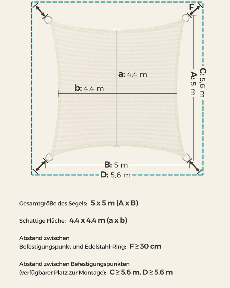 SONGMICS HDPE napvitorla kerthez UV védelem, időjárásálló, lélegző 5 x 5 m bézs fehér