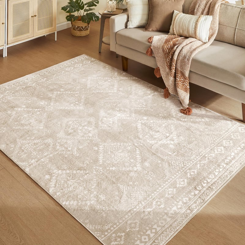 Covor Boho SONGMICS HOME 160x230 cm, bej cappuccino, antiderapant, lavabil, cu fir lung, covor decorativ pentru sufragerie și dormitor TAR029K